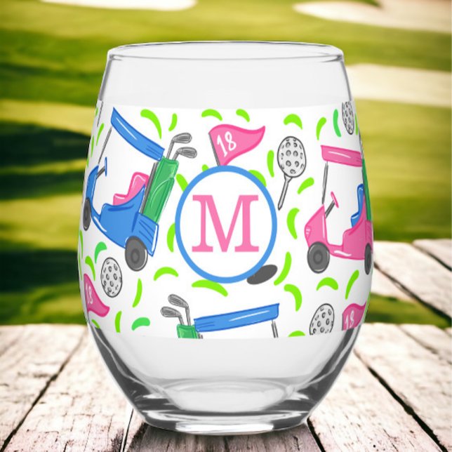 Vaso De Vino Patrón de carrito de golf azul rosado en monograma (Subido por el creador)