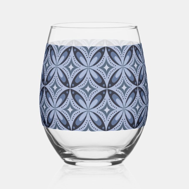 Vaso De Vino Patrón geométrico azul estilo retro (Anverso)