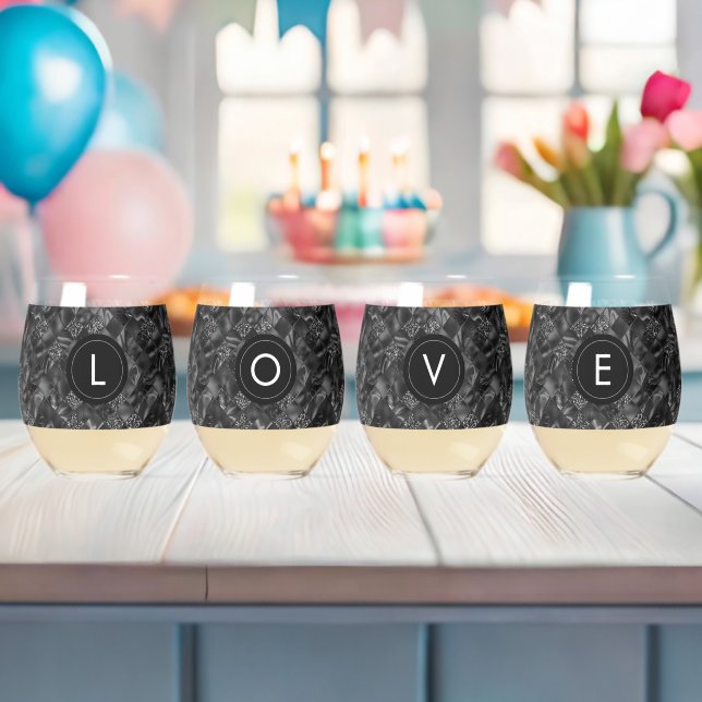 Vaso De Vino Patrón moderno monogramado negro falso Purpurina (Insitu (Baby Shower))