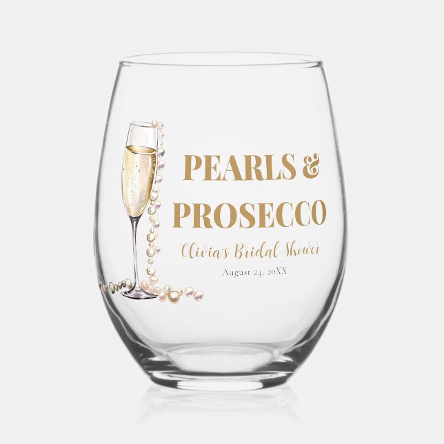 Vaso De Vino Perlas de oro elegantes y ducha de novia Prosecco (Anverso)