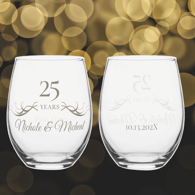 Vaso De Vino Personalizado 25º aniversario Keepsake Personaliza (Add names and date for a unique elegant stemless wine glass 25th wedding anniversary keepsake gift )