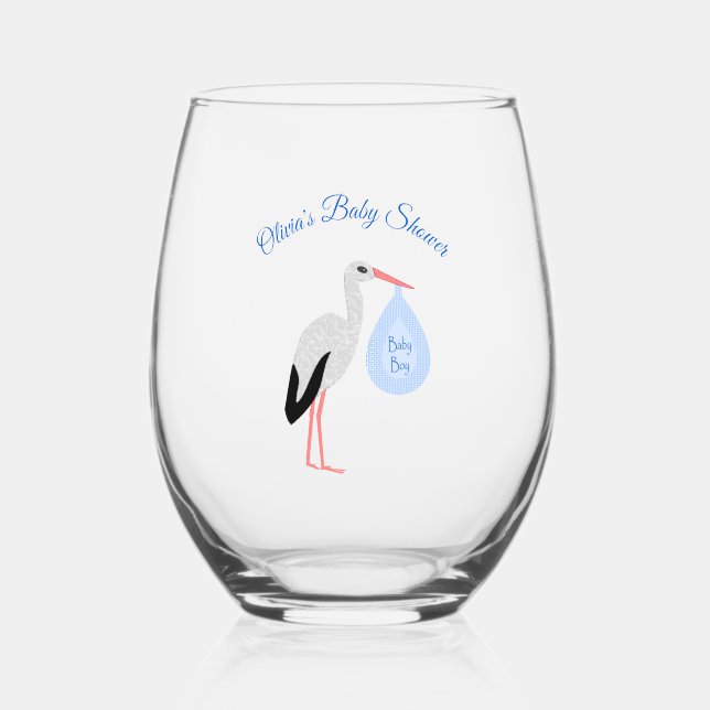 Vaso De Vino Personalizado de cigüeña de niño azul lindo (Anverso)