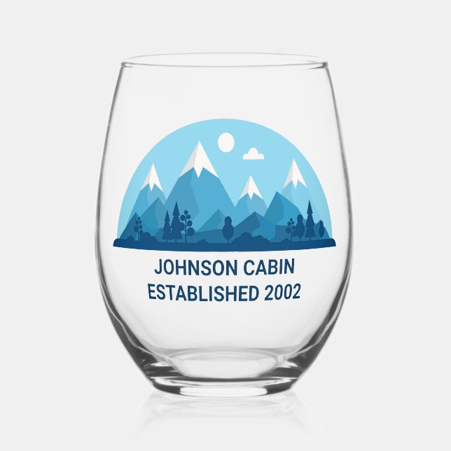 Vaso De Vino Personalizado Familia de Invierno Cabaña Blue Snow (Anverso)
