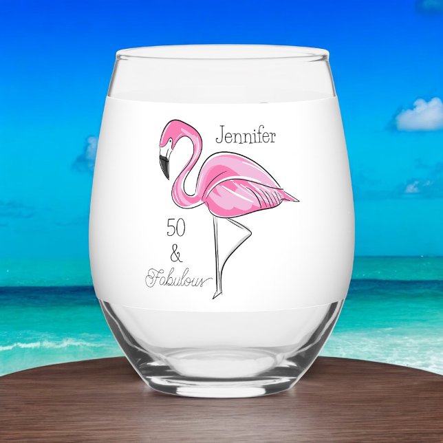 Vaso De Vino Personalizado Flamingo Rosa 50 y fabuloso (Subido por el creador)