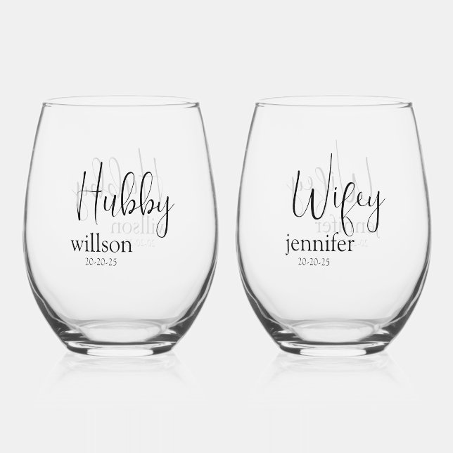 Vaso De Vino Personalizado Hubby y Wifey en Stunning (Reverso )