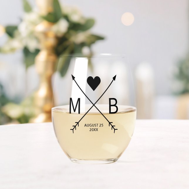 Vaso De Vino Personalizado Monogramas Love Heart Arrows 2024 (Insitu (Boda))
