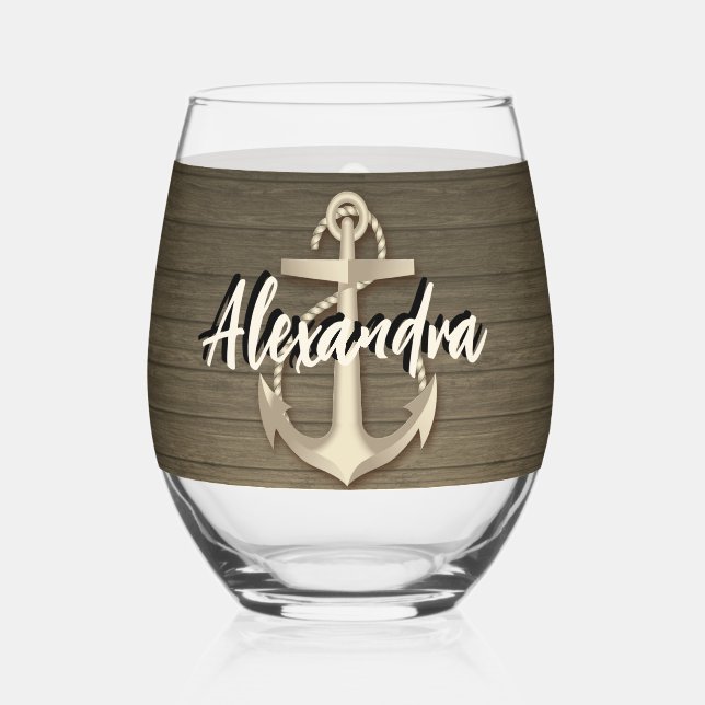 Vaso De Vino Personalizado Nautical Bote Anchor Nombre Madera (Anverso)