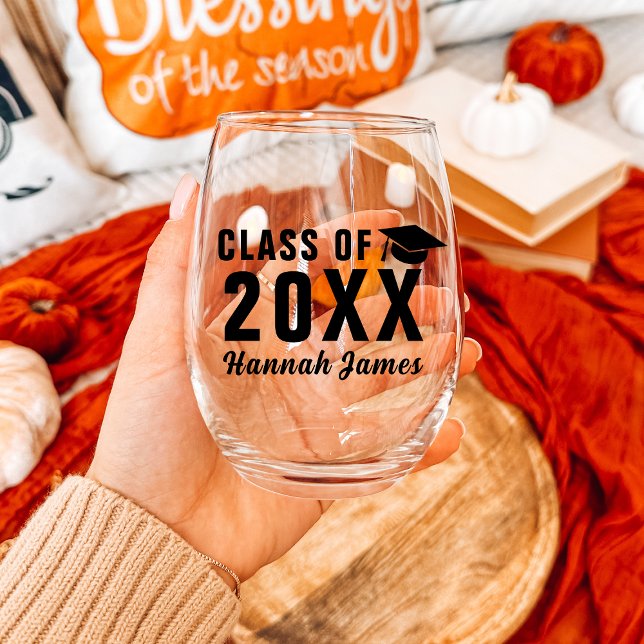 Vaso De Vino Personalizado Negrita Clase Negra Del Partido De G (Custom Bold Black Class Of 2025 Graduation Party Stemless Wine Glass
)