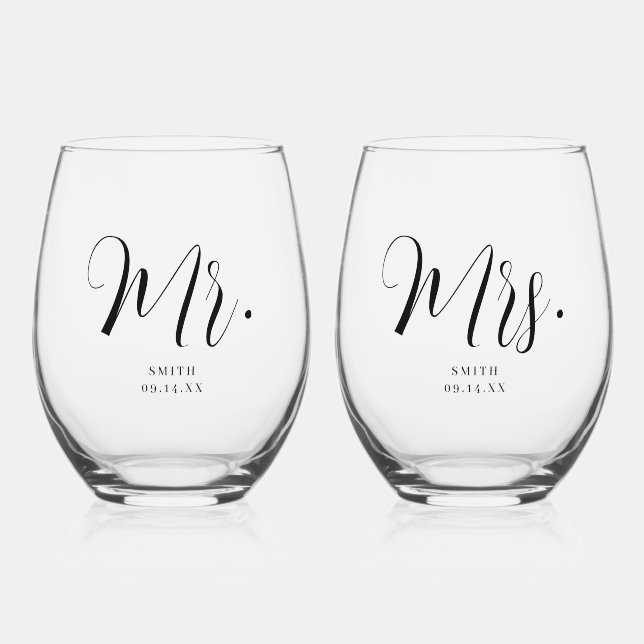 Vaso De Vino Personalizado 'Sr. y la Sra. Boda de script mínimo (Anverso)