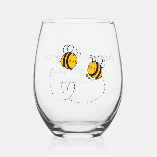 Vaso De Vino Personalizado Textos Feliz Abejas de Amor (Anverso)