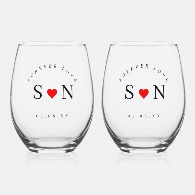 Vaso De Vino Personalize Love Shape Stem Wedding Monogram  (Anverso)