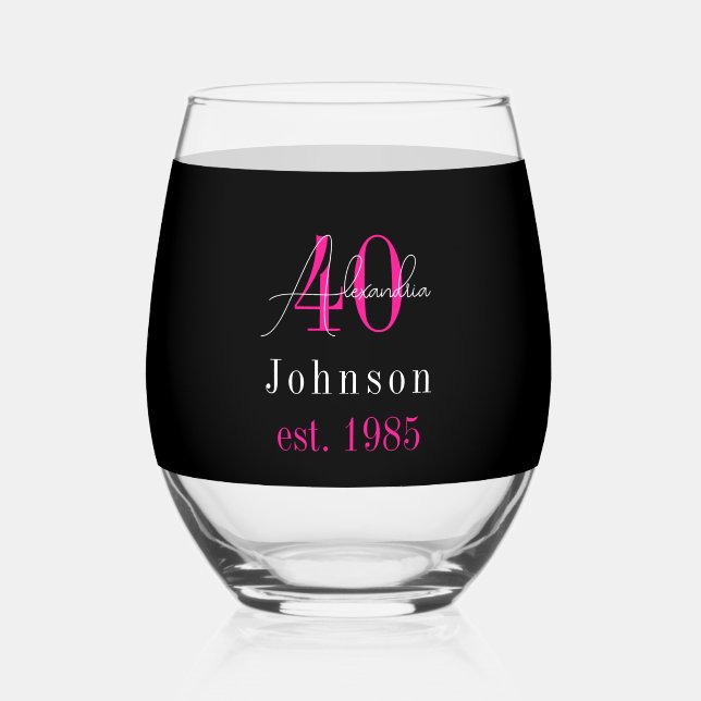Vaso De Vino Personalized 40th Birthday Black Hot Pink (Anverso)