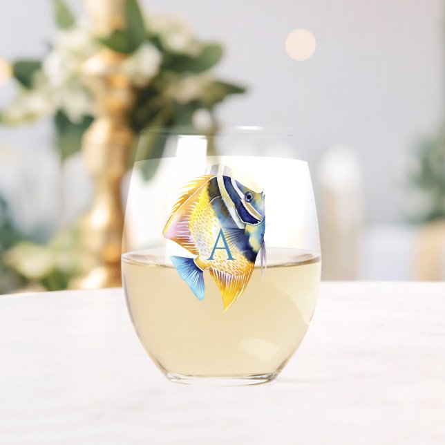 Vaso De Vino Pescado ángel de acuarela tropical personalizado (Insitu (Boda))