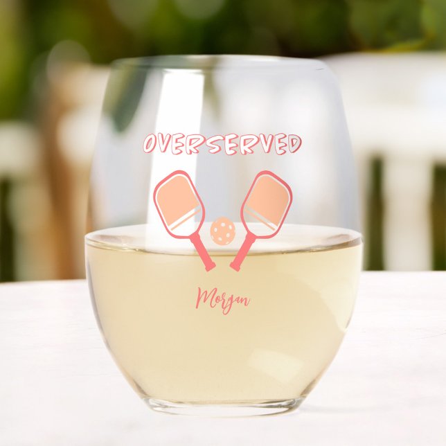 Vaso De Vino Pickleball Sports Pun Nombre personalizado Peach N (Pickleball Sports Pun Custom Name Peach Orange Stemless Wine Glass)