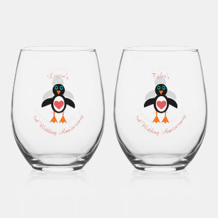 Vaso De Vino Pinguino Corazón de Amor Encargo 3er Aniversario