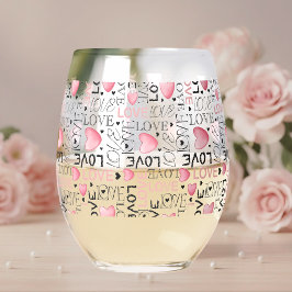 Vaso De Vino Pink Hearts Love Script Pattern Happy Valentine's