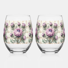 Vaso De Vino Pink Thistle Flowers Tile