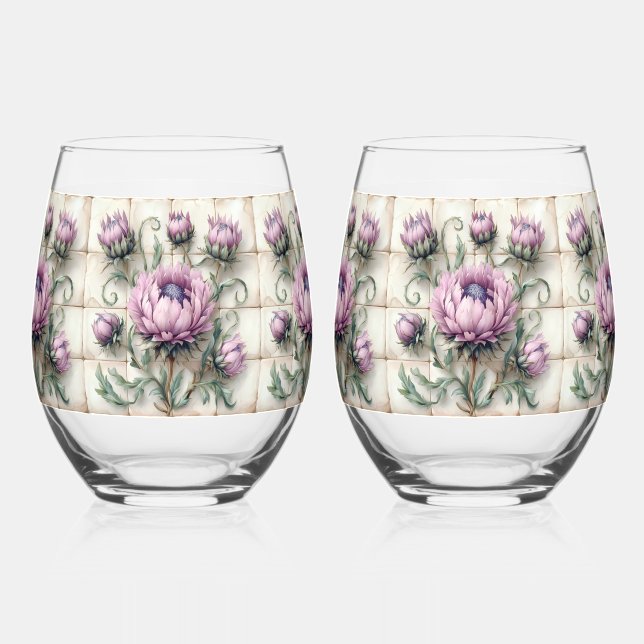 Vaso De Vino Pink Thistle Flowers Tile (Anverso)