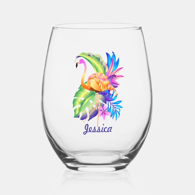 Vaso De Vino Plantas tropicales y flamencos personalizados (Anverso)