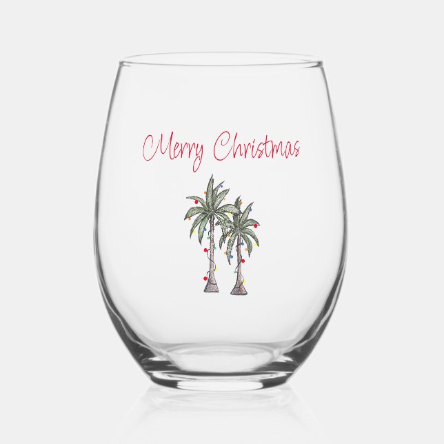 Vaso De Vino Playa Tropical Feliz Navidad Palmeras (Anverso)