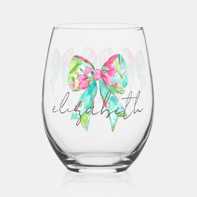 Vaso De Vino Preppy Pink and Green Bows Personalizados (Anverso)