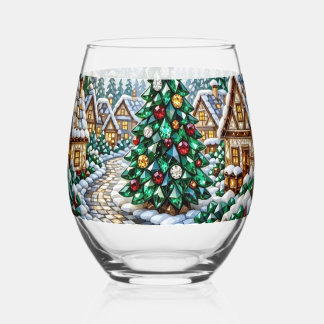 Vaso De Vino Pueblo Navideño Emblemático Árbol Esmeralda Crista