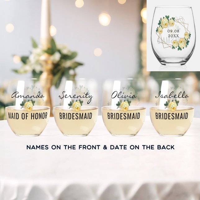 Vaso De Vino Purpurina de Bridal Team Gold Boda de Floral Amari (Zazzle Bridal Team Gold Glitter Geo Yellow Floral Wedding Stemless Wine Glass)