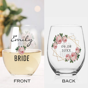 Vaso De Vino Purpurina de novia de oro Geo Boda floral rosa