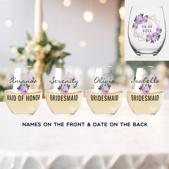 Vaso De Vino Purpurina de oro del equipo de novias Geo Purple F (Bridal Team Gold Glitter Geo Purple Floral Wedding Stemless Wine Glass)