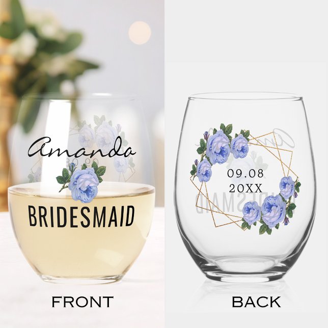 Vaso De Vino Purpurina de oro Geo Blue Floral Boda (Bridesmaid Gold Glitter Geo Blue Floral Wedding Stemless Wine Glass)