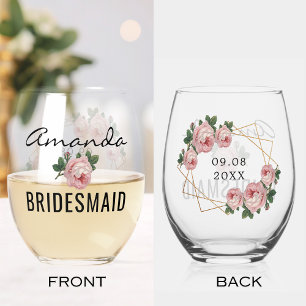 Vaso De Vino Purpurina de Oro Geo Boda Floral Rosa