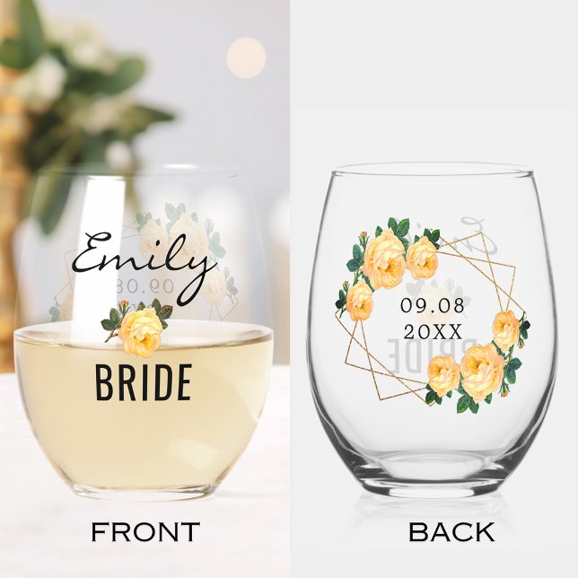 Vaso De Vino Purpurina de Oro Novia Naranja Geométrico Boda Flo (Bride Gold Glitter Geometric Orange Floral Wedding Stemless Wine Glass)