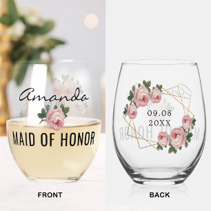 Vaso De Vino Purpurina Geo Boda Floral Rosa Maid de Honor Gold