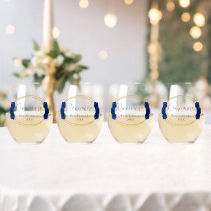Vaso De Vino Quinceañera geométrica real azul y oro