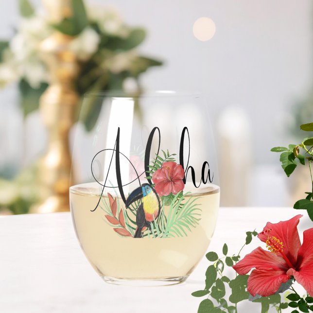 Vaso De Vino Recuerdo de la Retirada de Vacaciones Aloha (Aloha Vacation Retreat Keepsake Stemless Wine Glass)