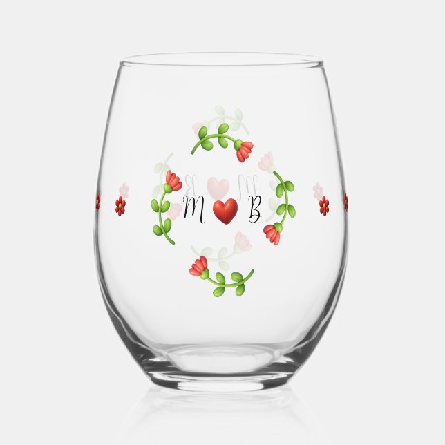 Vaso De Vino Red Flower Heart Monogram Stemless Glass (Anverso)