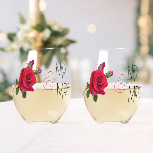 Vaso De Vino Red Rose Mr. y Mrs. Boda Glassware