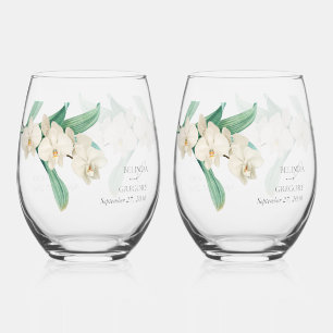 Vaso De Vino Regalo de boda de orquídeas blancas en acuarela