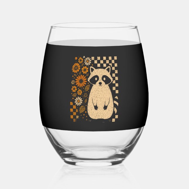 Vaso De Vino Retro Checkered Halloween Raccoon (Anverso)