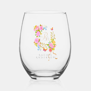 Vaso De Vino Romaníes florecientes Jardín Monograma Azul
