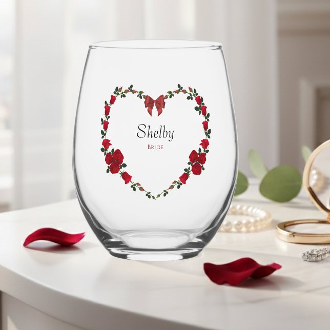 Vaso De Vino Romantic Red Rose Heart Bride To Be Drinkware Set (Romantic red rose heart wine glass, the perfect personalized gift for the bride-to-be.)