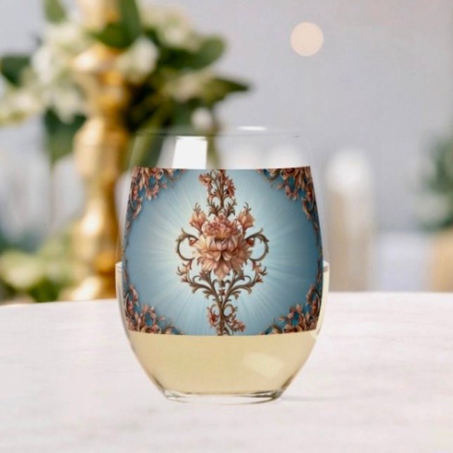 Vaso De Vino Rosa barroca   (Baroque Rose Stemless Wine Glass Dimensions: 4.25” height x 3.375” diameter 16 oz capacity. 
)