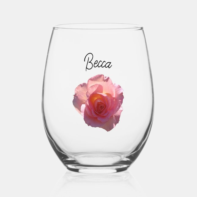 Vaso De Vino Rosa de Té Rosa Radiante Personalizada (Anverso)