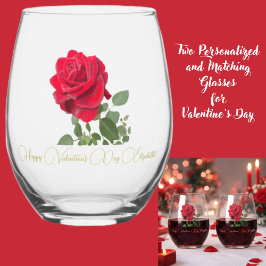 Vaso De Vino Rosa roja pintada a mano San Valentín Personalizad