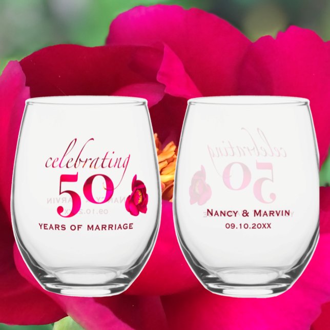 Vaso De Vino Rosa único de 50 años personalizado Keepsake (Create a one-of-a-kind 50th Anniversary gift with this red pink flower design, Personalized keepsake)