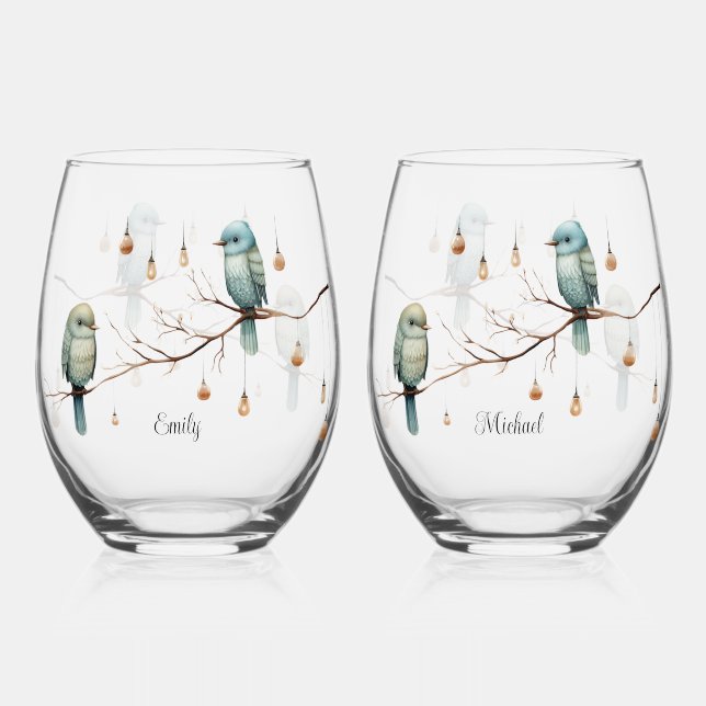 Vaso De Vino Rustic Woodland Love Birds Celebration (Anverso)