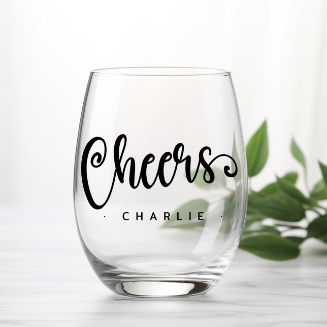 Vaso De Vino Saludos lindo nombre personalizado del guión (Cheers cute script custom name stemless wine glass)