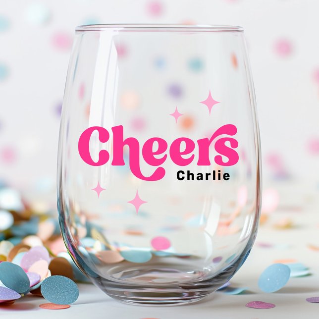 Vaso De Vino Saludos nombre personalizado estrellas de retro ro (Cheers custom name pink retro stars stemless wine glass)