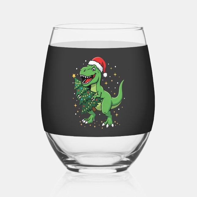 Vaso De Vino Santa Dinosaurio T Rex Navidad (Anverso)