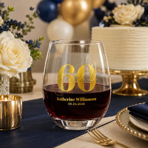 Vaso De Vino Sesenta Elegante Azul y Oro Cumpleaños 60